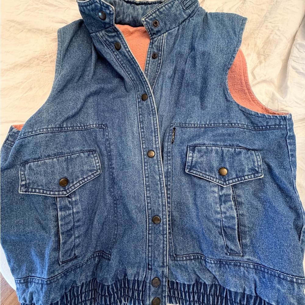Izzi Women’s L Vintage 1980’s Retro Denim Vest Jacket Hide Hat Hoodie Lined - Picture 3 of 14
